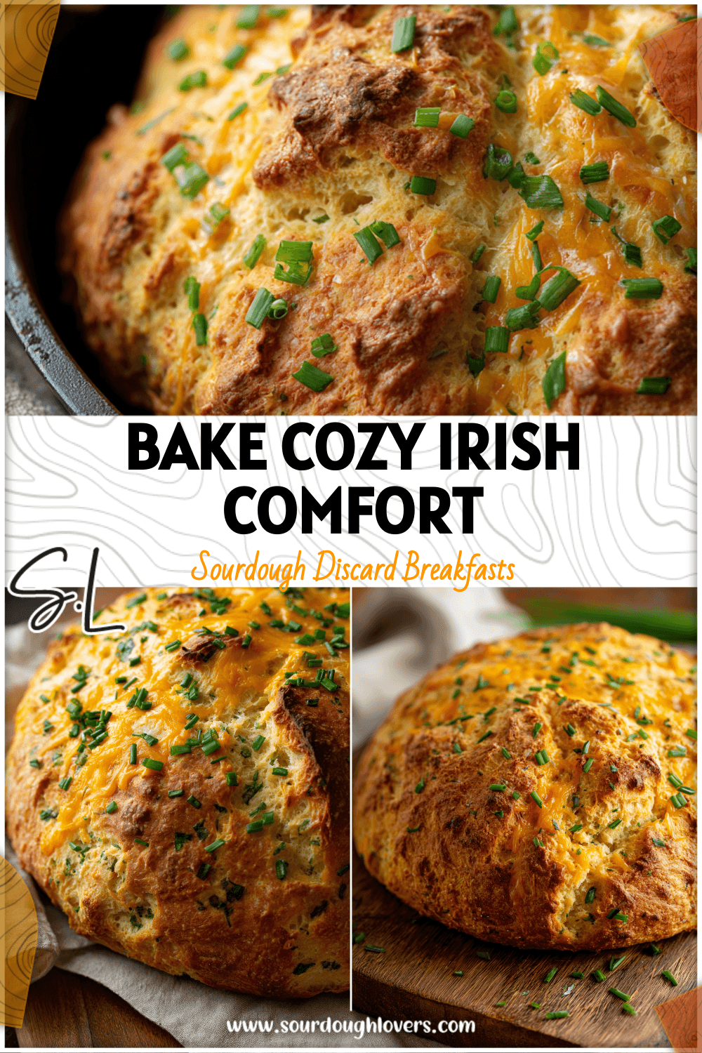 Round loaf of Irish Soda Bread baked in a Dutch oven topped with melted cheddar and fresh chives.